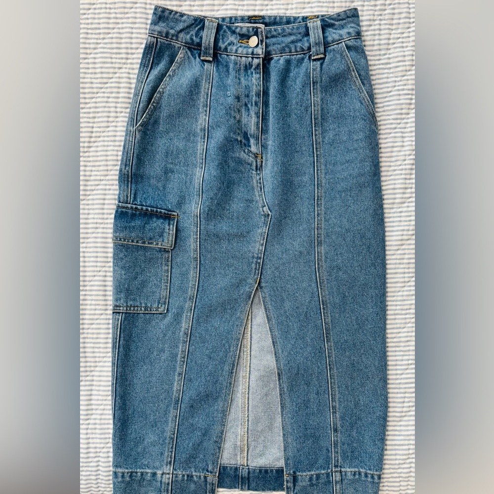 Denim Midi Skirt with Front Slit